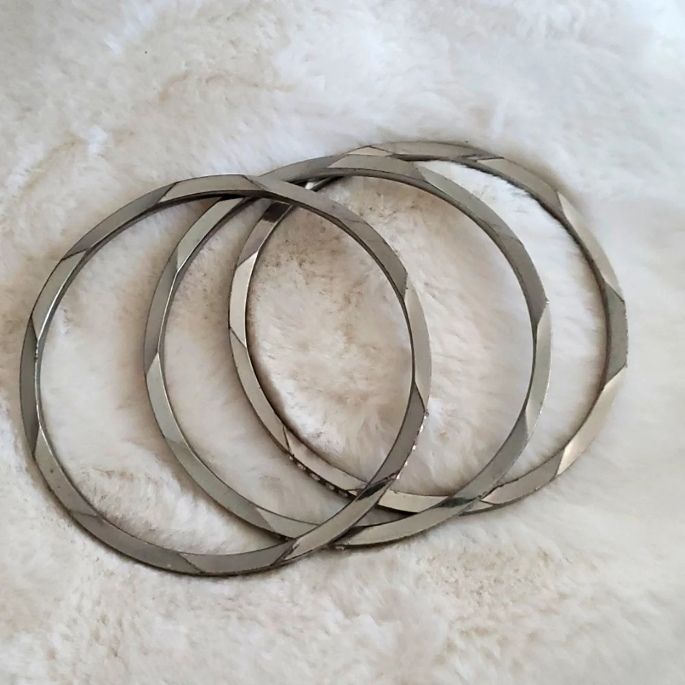 THREE SILVER BANGLE BRACELETS W BLING, ALL GEMS PRESENT